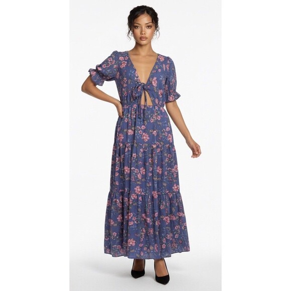 Dresses & Skirts - Petal + Pup Maxi Dress Womens 10 Purple Floral Puff Sleeves Cottagecore Prairie